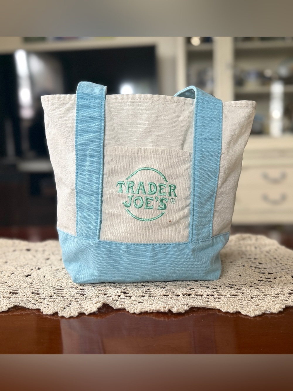 Trader Joe's Cream Canvas Tote with Light Blue Trim